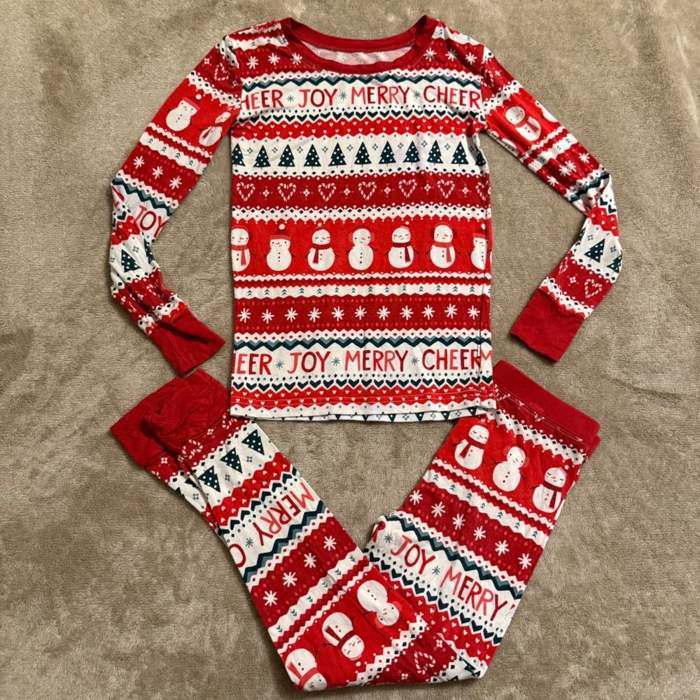 Little Sleepies Kids 5/6 Red Snowman Fair Isle Bamboo Viscose Pajama Set Holiday